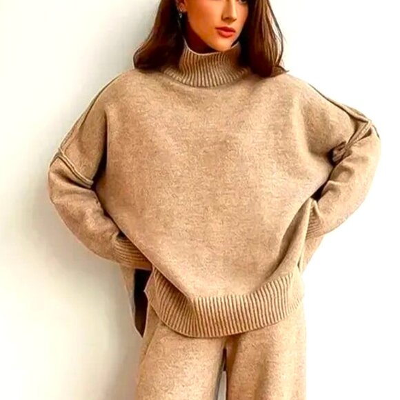 HEATHER KHAKI OVERSIZED MOCK TURTLENECK AND SWEATER PANTS INSIDE OUT KNIT SET - Picture 2 of 4